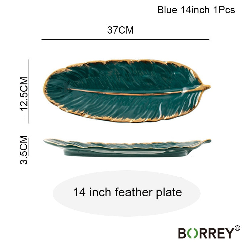 BORREY Ceramic Platter Storage Tray Sushi Plate Leaf Feather Shape Candy Trinket Jewelry Fruit Serving Tray Storage Tableware