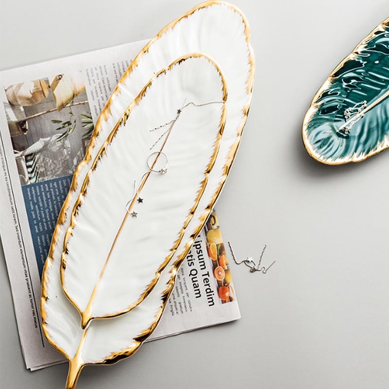 BORREY Ceramic Platter Storage Tray Sushi Plate Leaf Feather Shape Candy Trinket Jewelry Fruit Serving Tray Storage Tableware