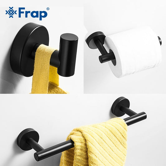 Frap Matte Black Bathroom Hardware Set Black Robe Hook Single Towel Bar Robe Hook Paper Holder Bathroom Accessories Y38124-2